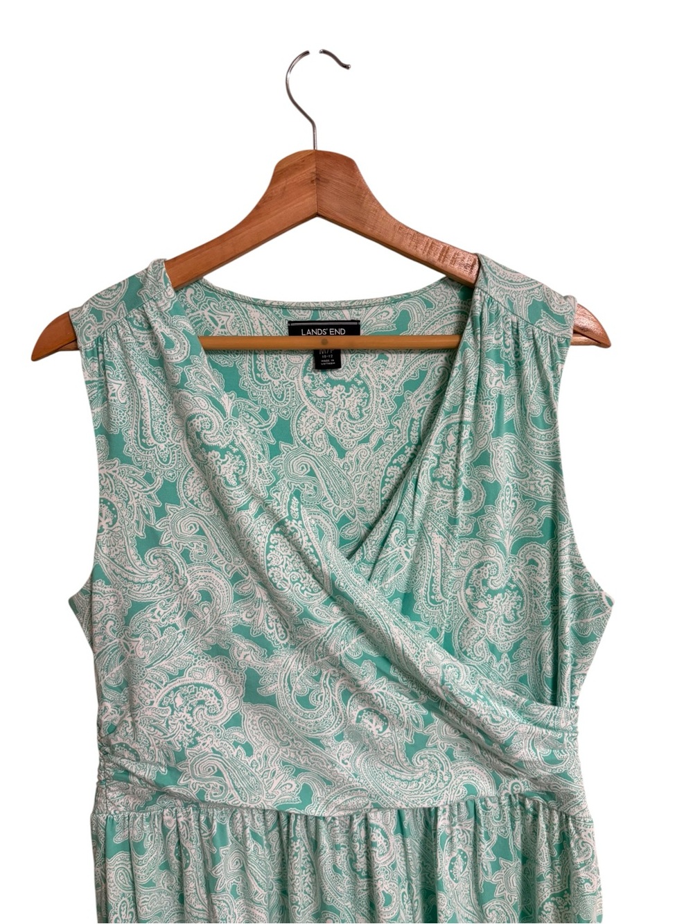 Lands’End aqua teal white paisley print crossover wrap sleeveless maxi dress MP - Picture 2 of 11